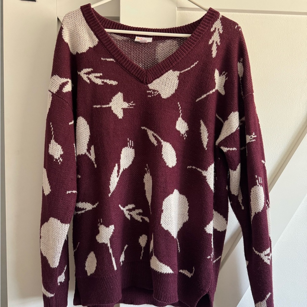 LuLaRoe Burgundy and Cream Floral V-Neck Sweater
